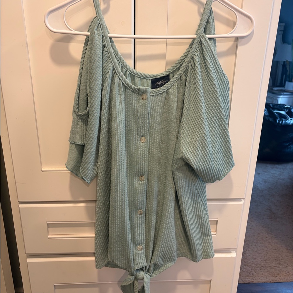 Daytrip Sage Green Cold-Shoulder Button-Front Tie Hem Top